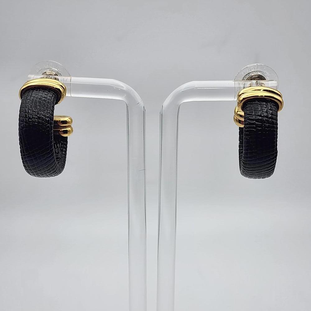 Joan Rivers Black Snakeskin Textured Hoop Earrings with Gold Accents